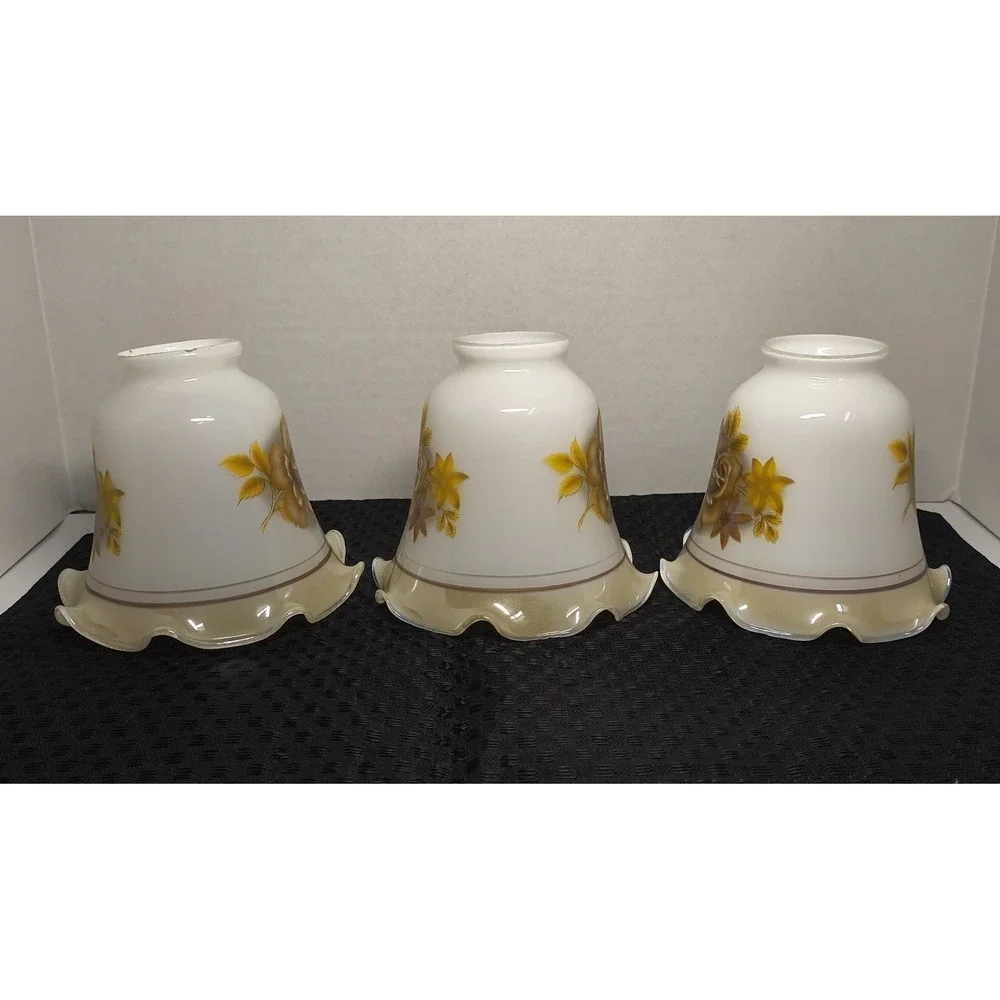 3 Chandelier Lustre Milk Glass‎ Replacement Lamp Shade Tan Brown Rose Floral